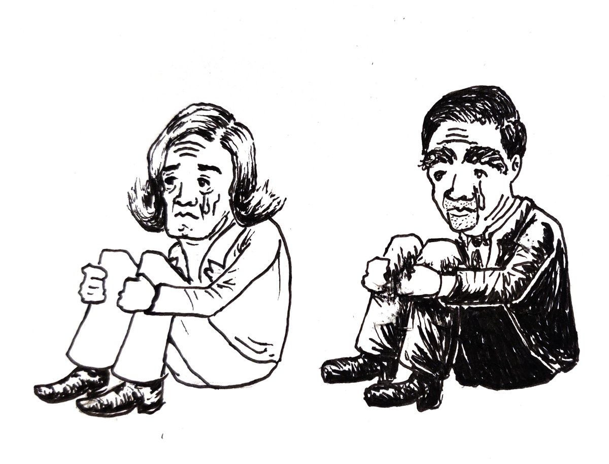 Dessin noir et blanc de Marine Le Pen et François Fillon, en pleur