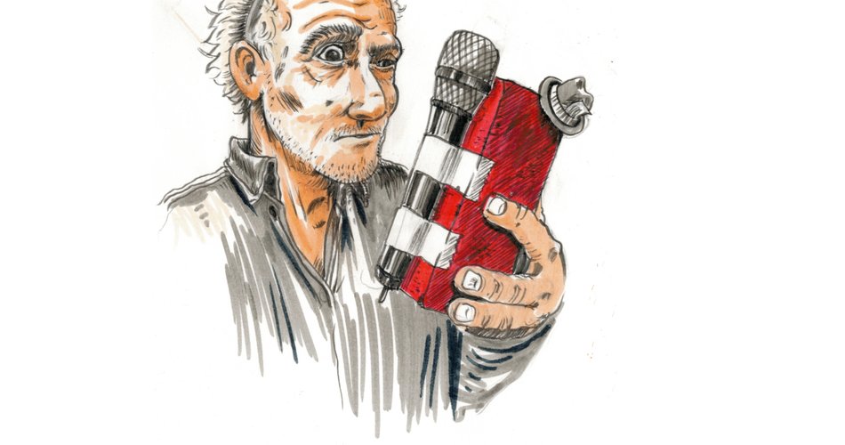 Illustration couleur de Philippe Poutou tenant une Brique