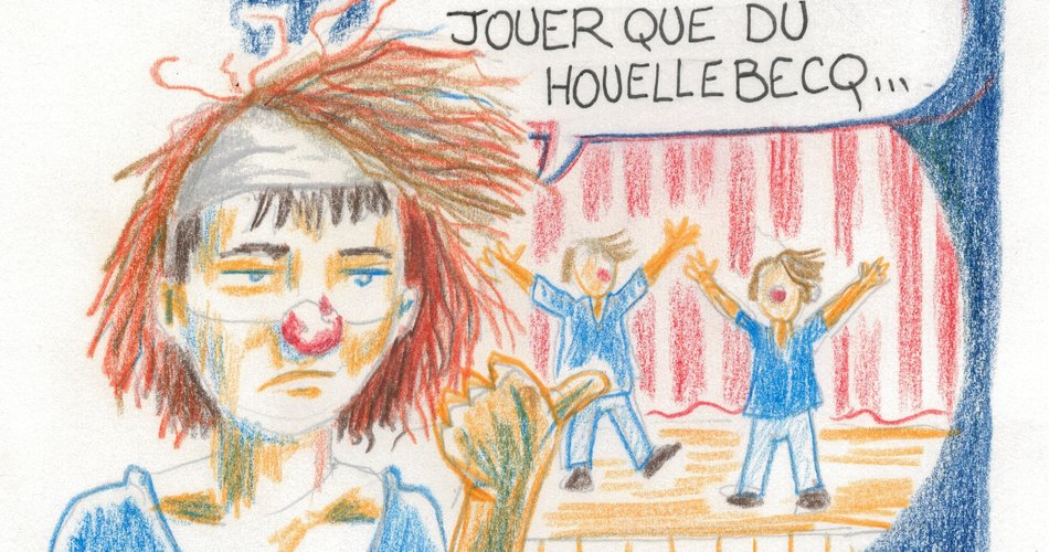 Dessin humoristique d'une pièce de théâtre de Michel Houellebecq